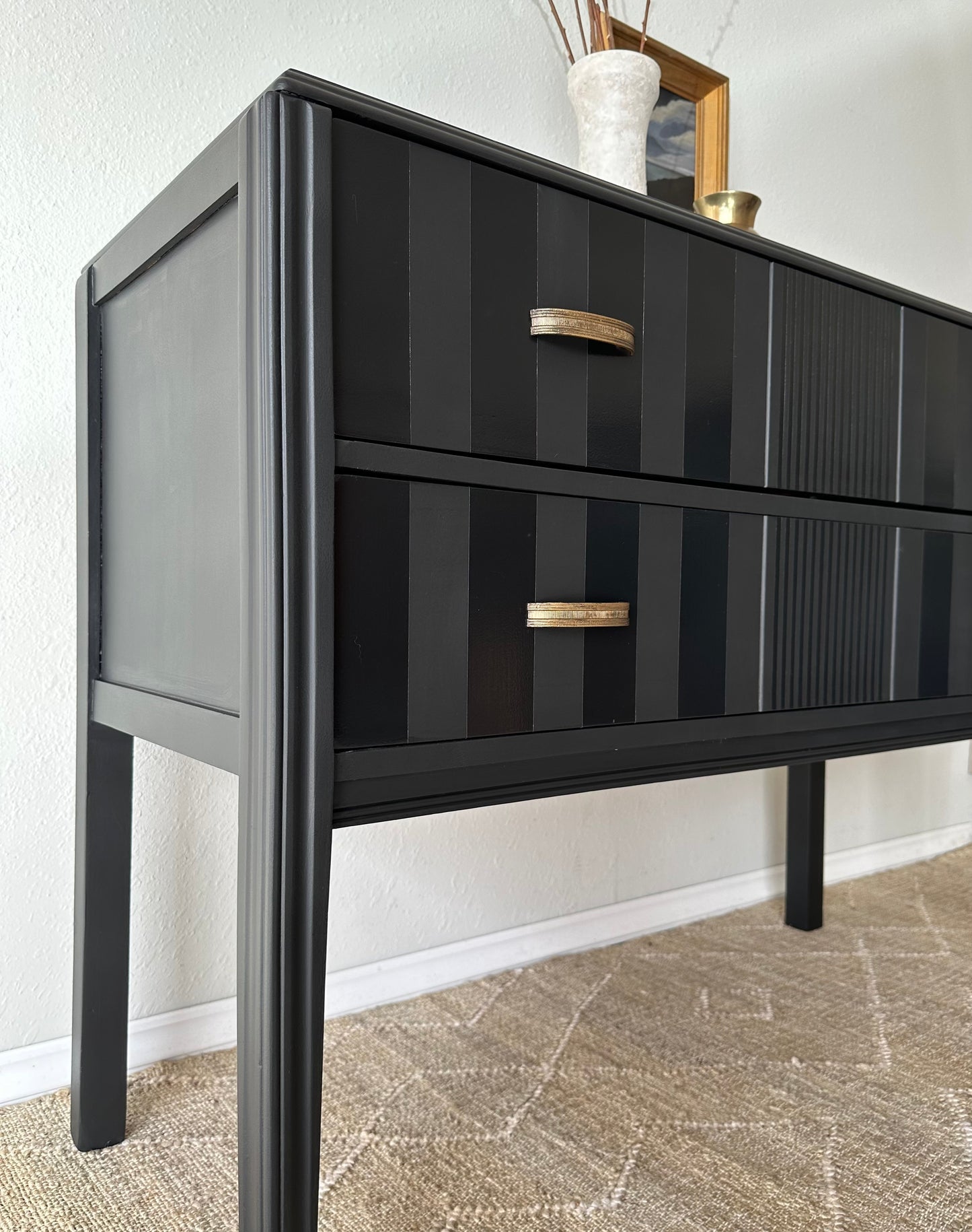 Vintage 1940’s Sideboard Reimagined in Matte Black with Gloss Stripes