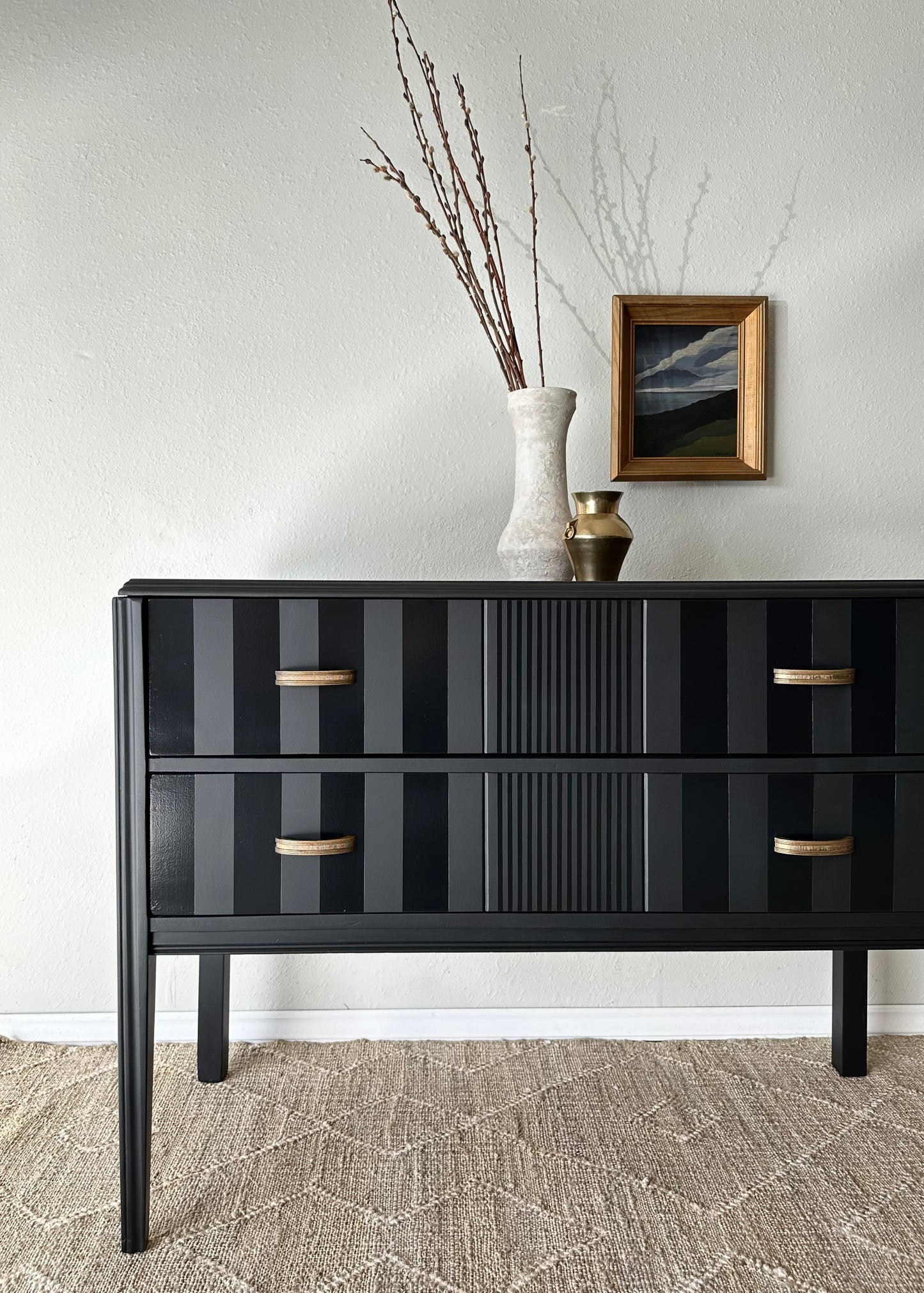 Vintage 1940’s Sideboard Reimagined in Matte Black with Gloss Stripes