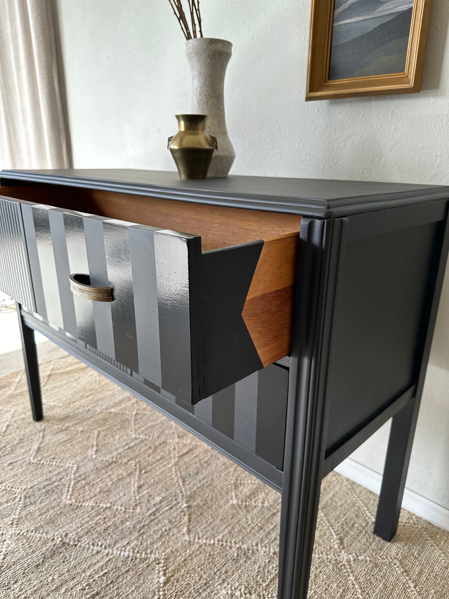 Vintage 1940’s Sideboard Reimagined in Matte Black with Gloss Stripes