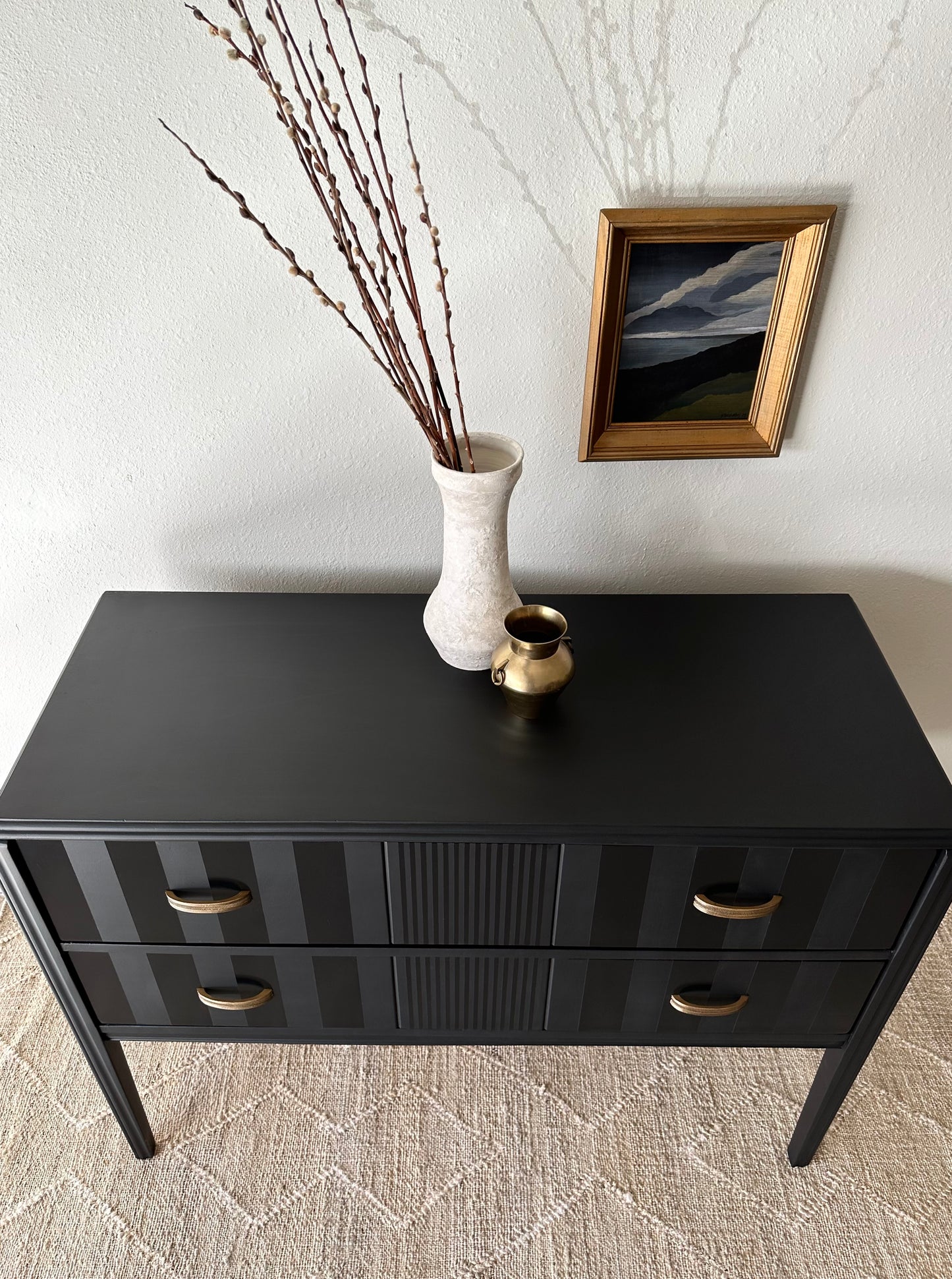 Vintage 1940’s Sideboard Reimagined in Matte Black with Gloss Stripes