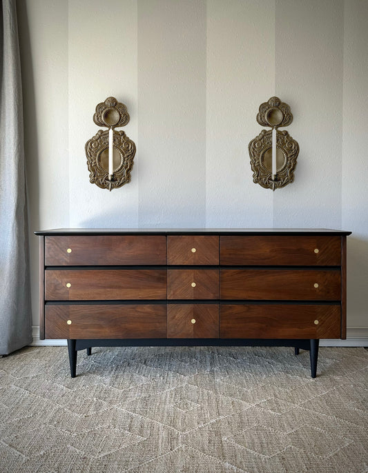 Mid-Century Refinished Walnut and Brass Dresser