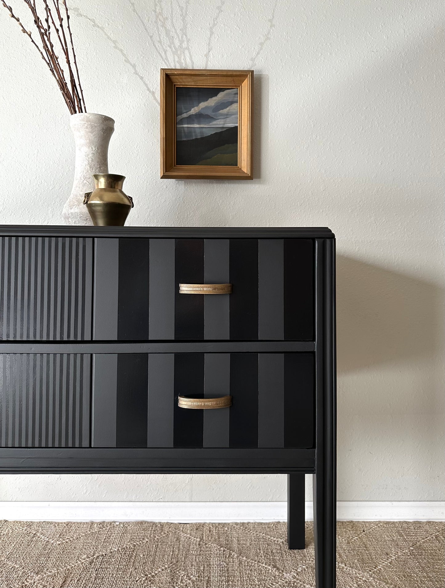 Vintage 1940’s Sideboard Reimagined in Matte Black with Gloss Stripes