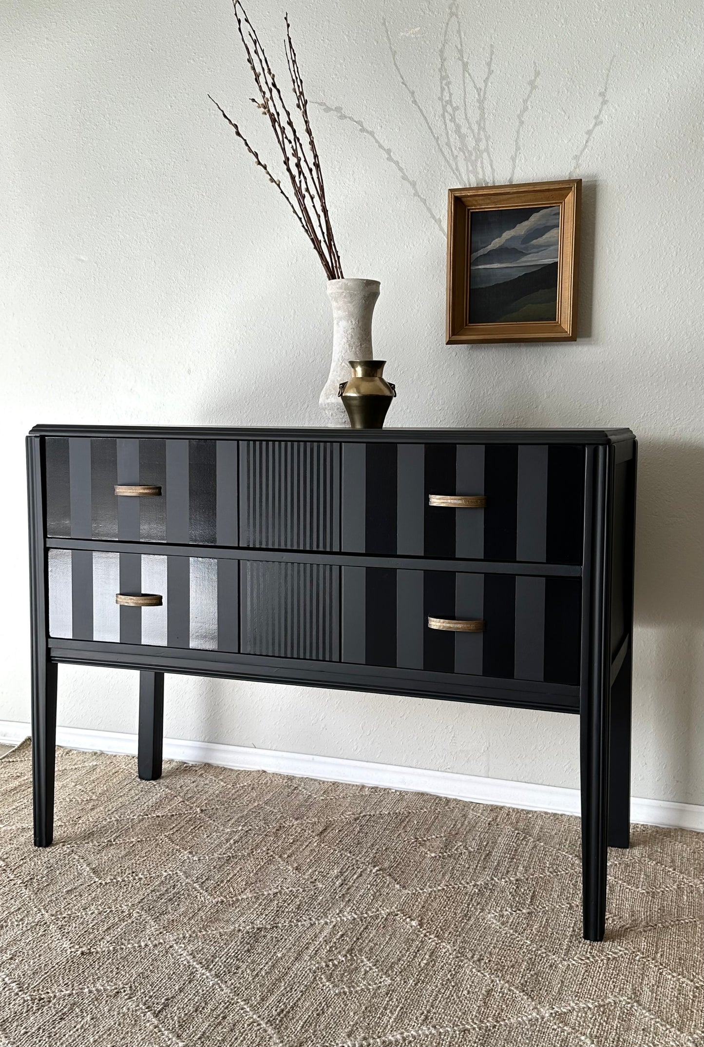 Vintage 1940’s Sideboard Reimagined in Matte Black with Gloss Stripes