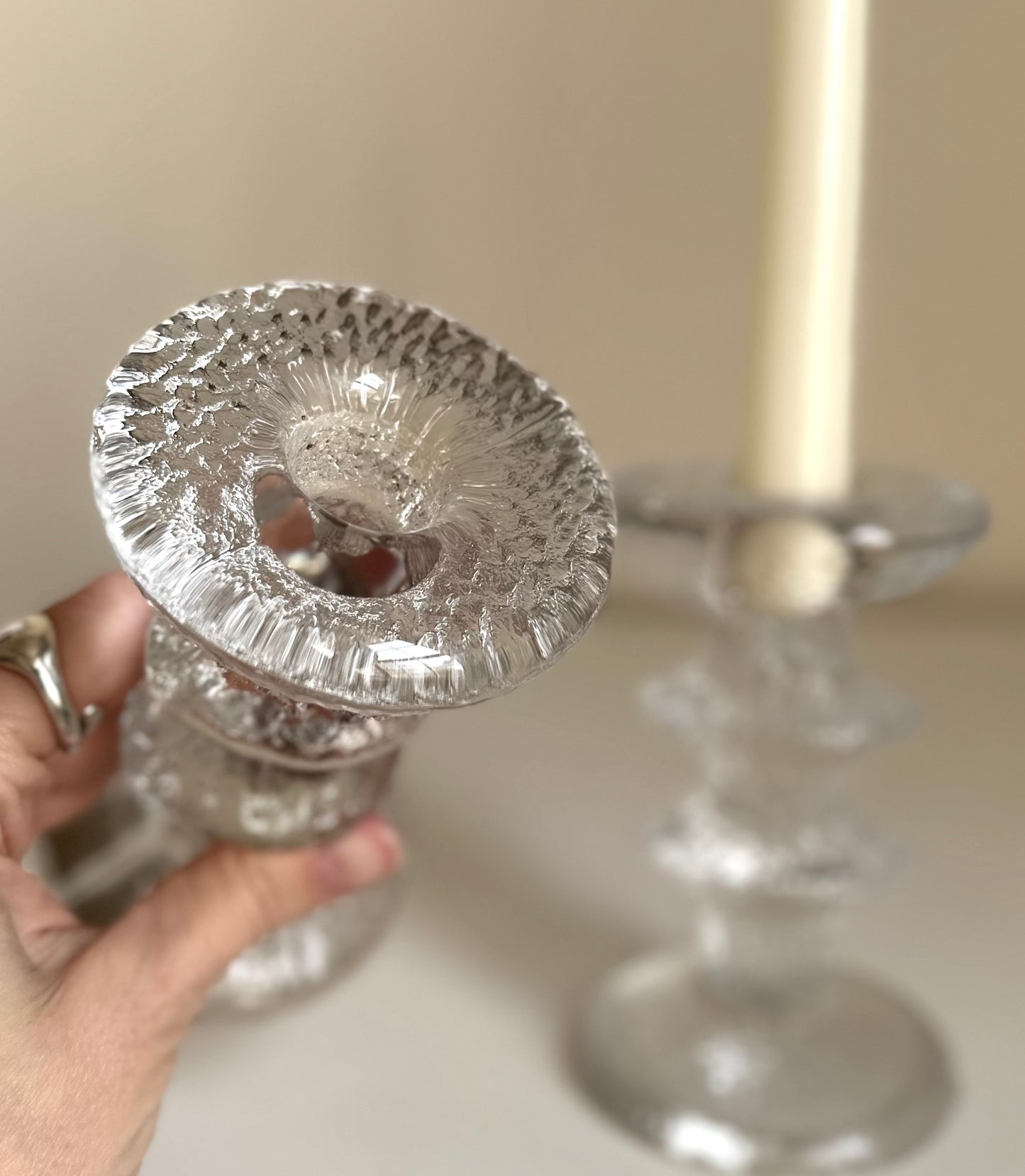 Iittala Crystal Ice Glass Candle Holders by Timo Sarpaneva, Finland