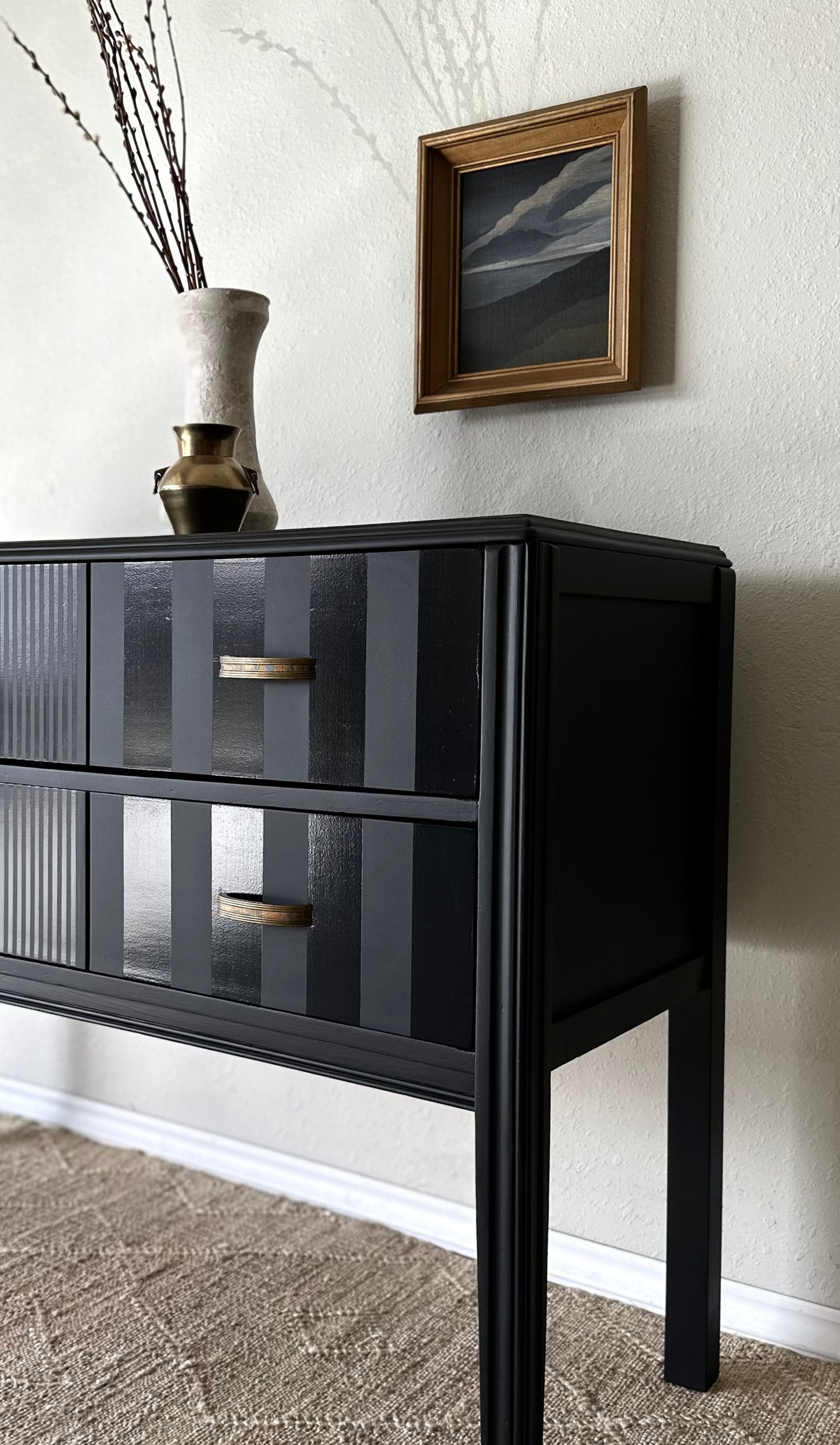 Vintage 1940’s Sideboard Reimagined in Matte Black with Gloss Stripes