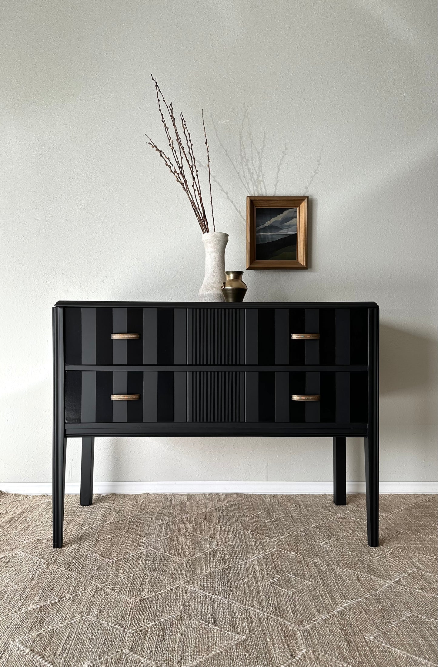 Vintage 1940’s Sideboard Reimagined in Matte Black with Gloss Stripes