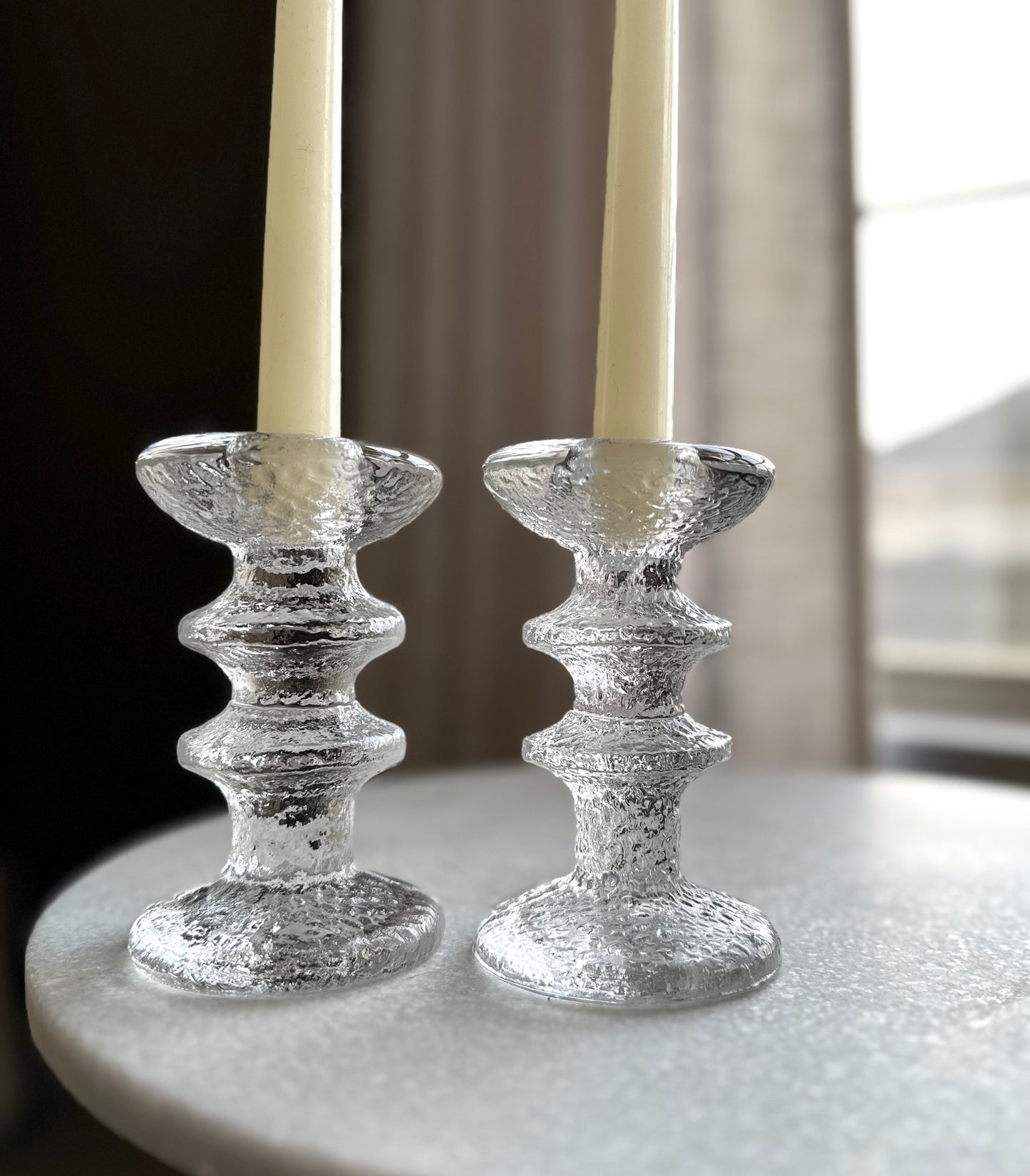 Iittala Crystal Ice Glass Candle Holders by Timo Sarpaneva, Finland